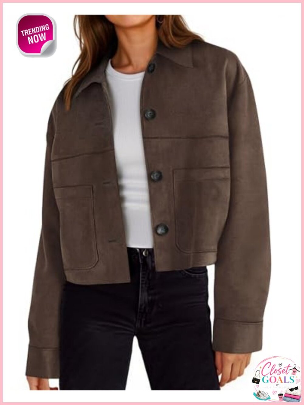 Womens Cropped Faux Suede Leather Jacket Lapel Collar Shacket